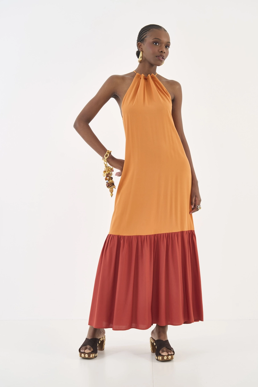 Vestido Solto Duo Color Laranja