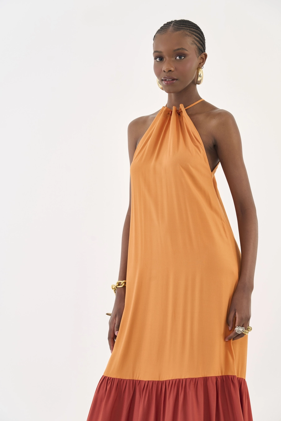 Vestido Solto Duo Color Laranja