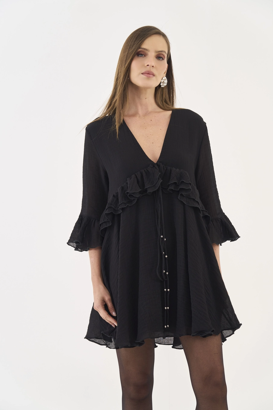 Vestido Chiffon Com Babados Preto