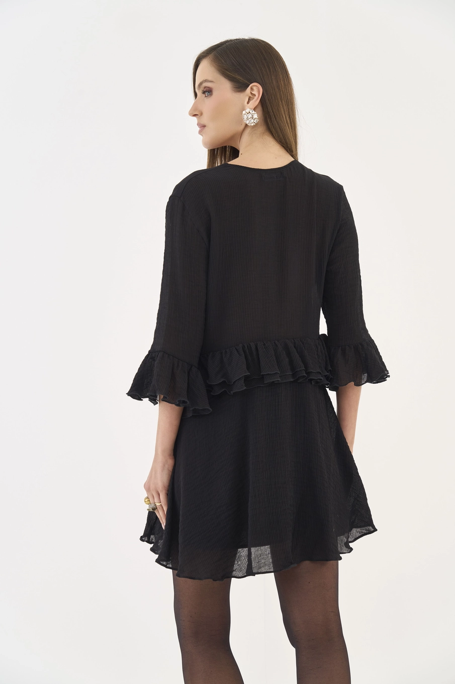 Vestido Chiffon Com Babados Preto