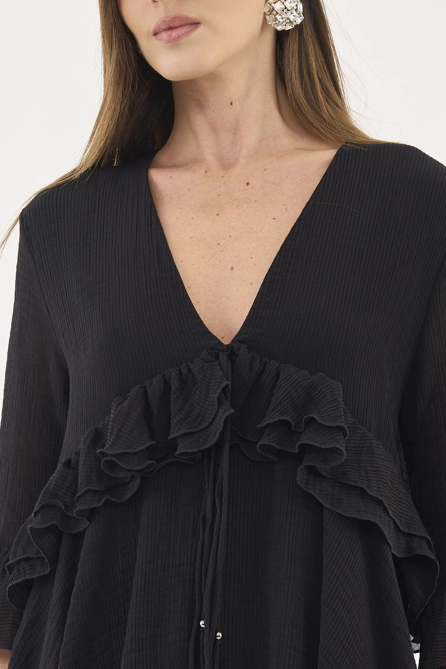 Vestido Chiffon Com Babados Preto