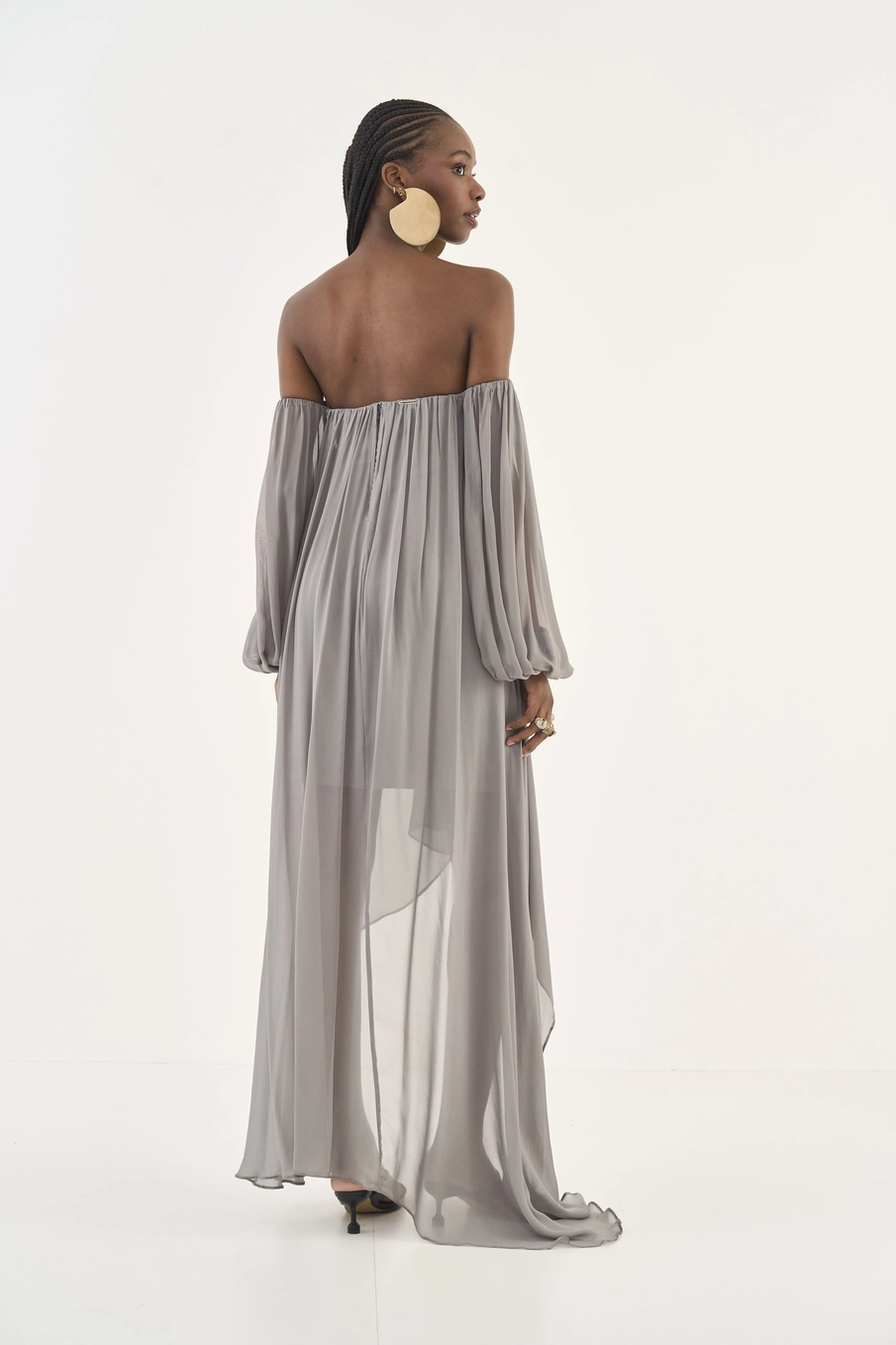 Vestido Mullet Ombro A Ombro Fluido Cinza