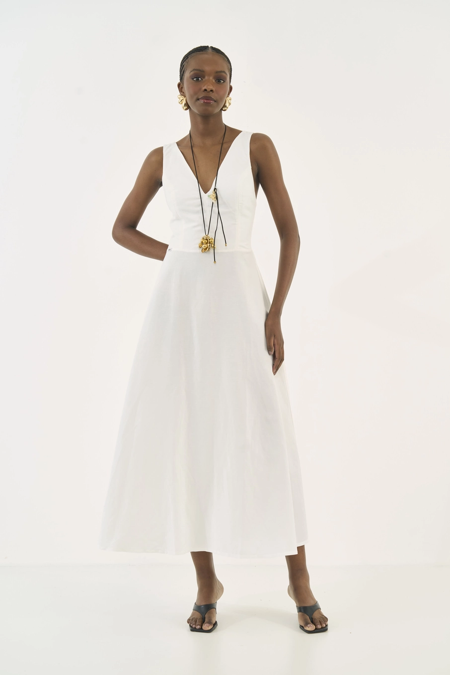 Vestido Midi Alfaiataria Acinturado Com Linho Off Shell
