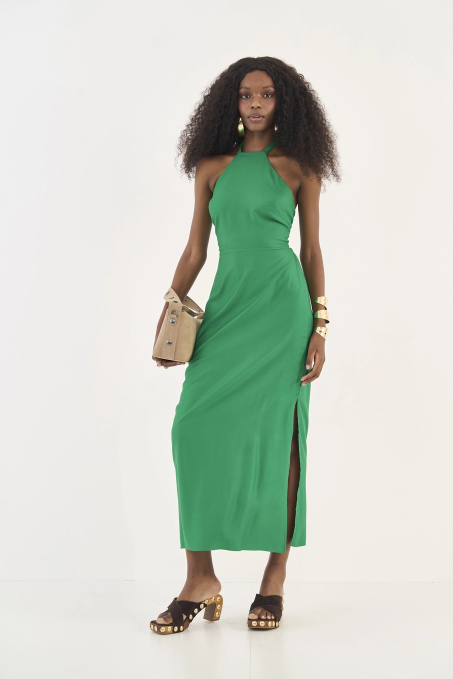 Vestido Slim Midi Frente Única Verde Vanity