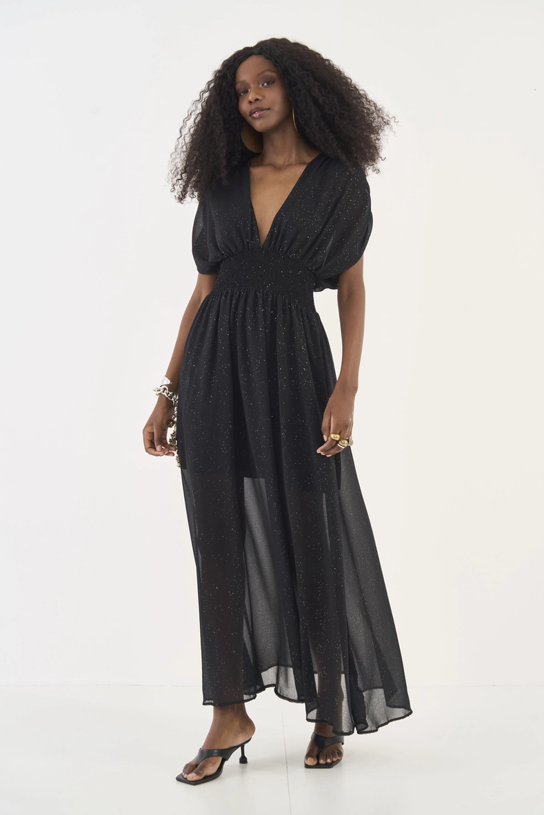 Vestido Longo Fluido Acinturado Com Brilho