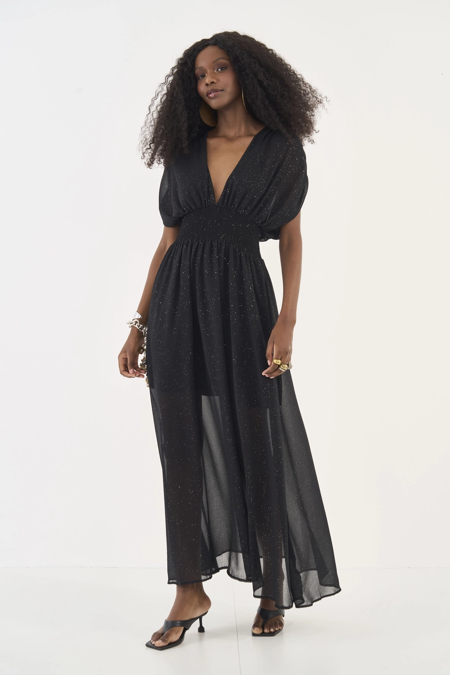 Vestido Longo Fluido Acinturado Com Brilho Preto
