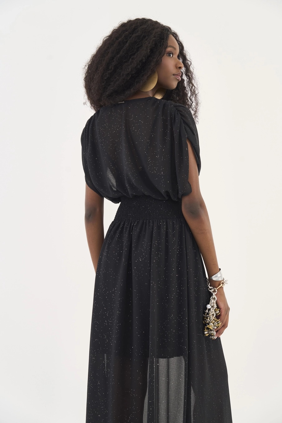 Vestido Longo Fluido Acinturado Com Brilho Preto