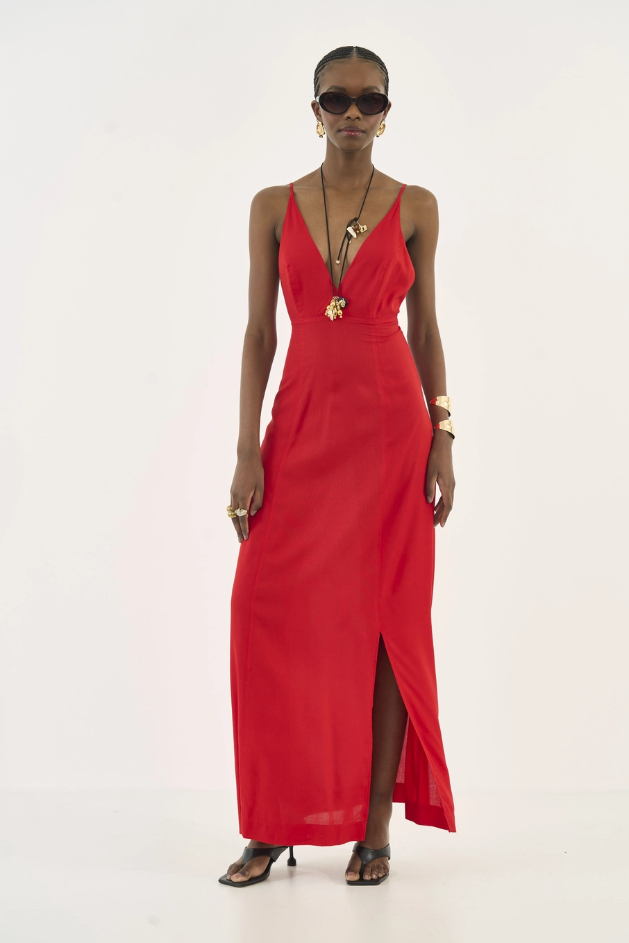 Vestido Midi Comfort Com Fenda Vermelho