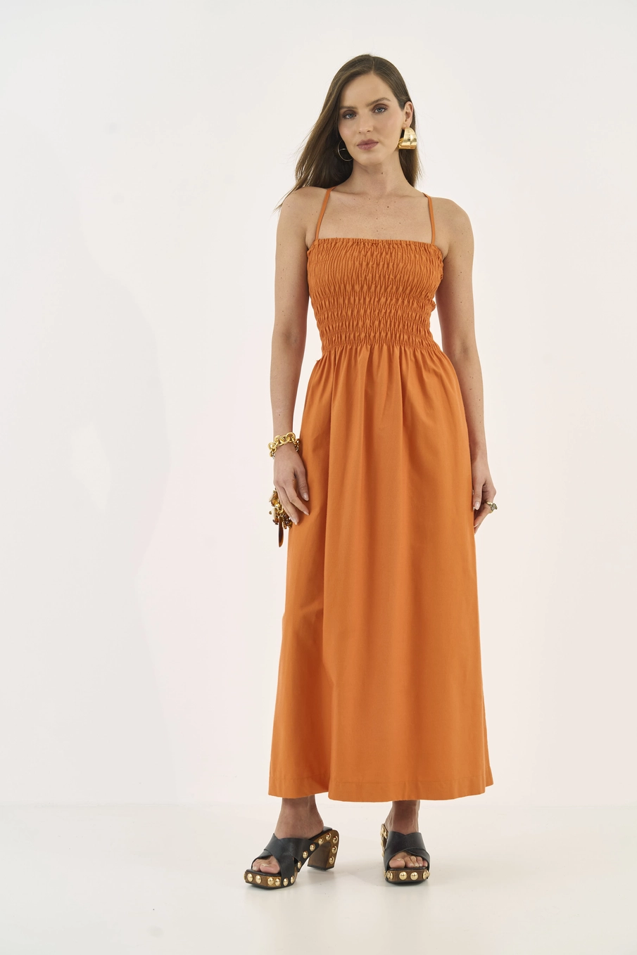Vestido Midi Com Lastex Laranja