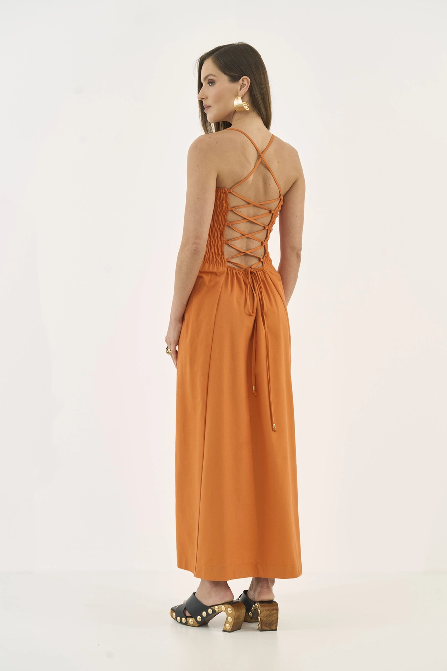 Vestido Midi Com Lastex Laranja