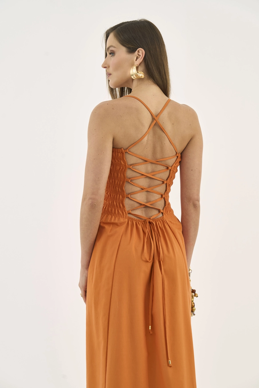 Vestido Midi Com Lastex Laranja