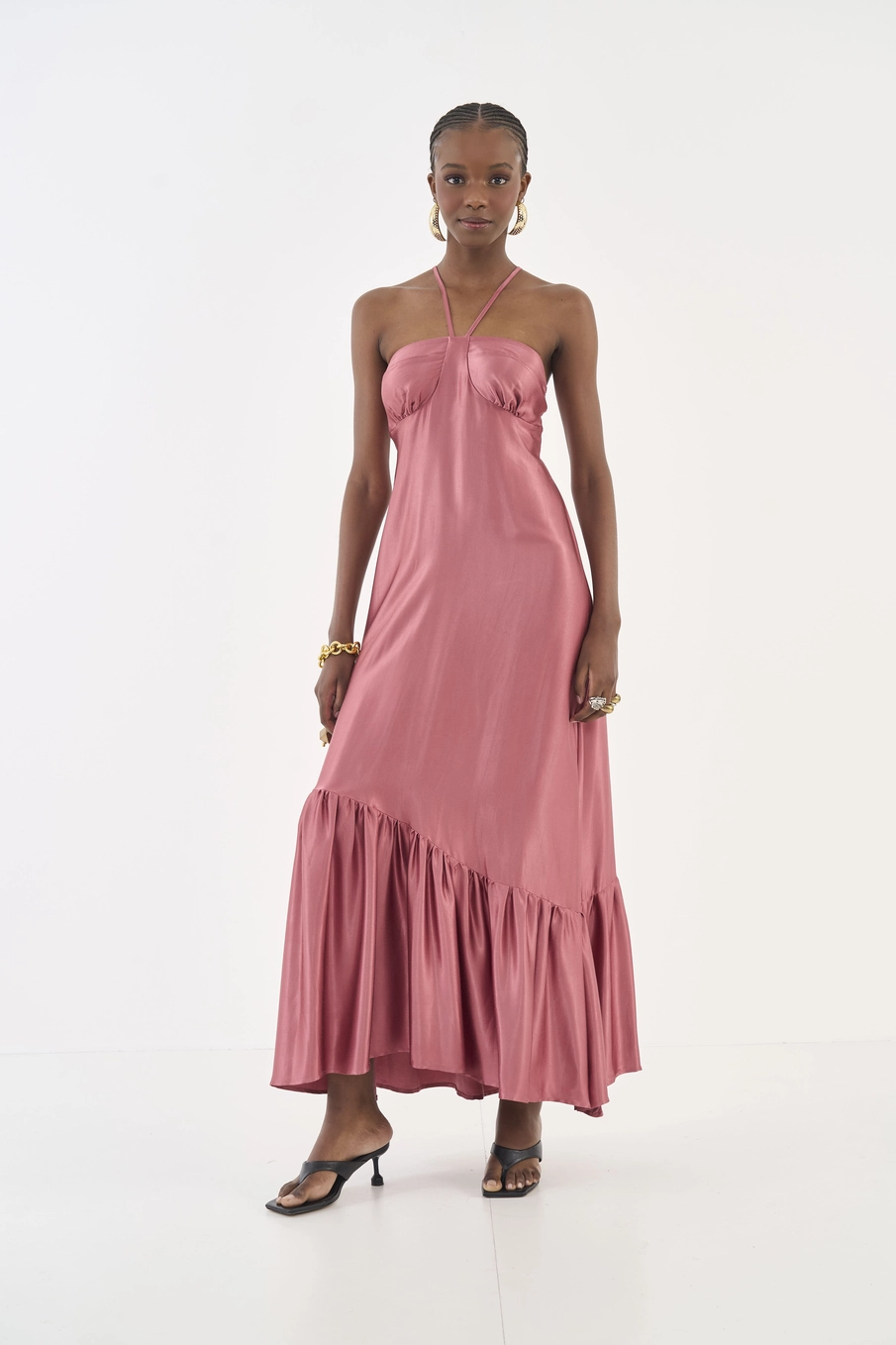 Vestido Midi Acetinado Evasê Rosa