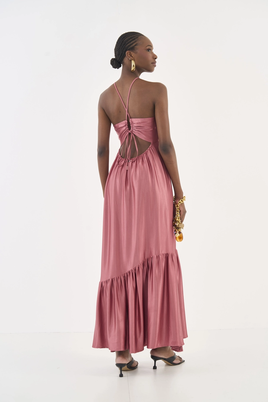 Vestido Midi Acetinado Evasê Rosa