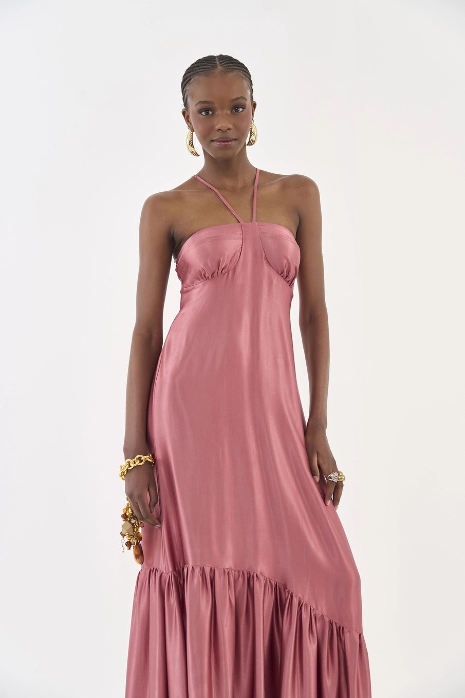 Vestido Midi Acetinado Evasê Rosa