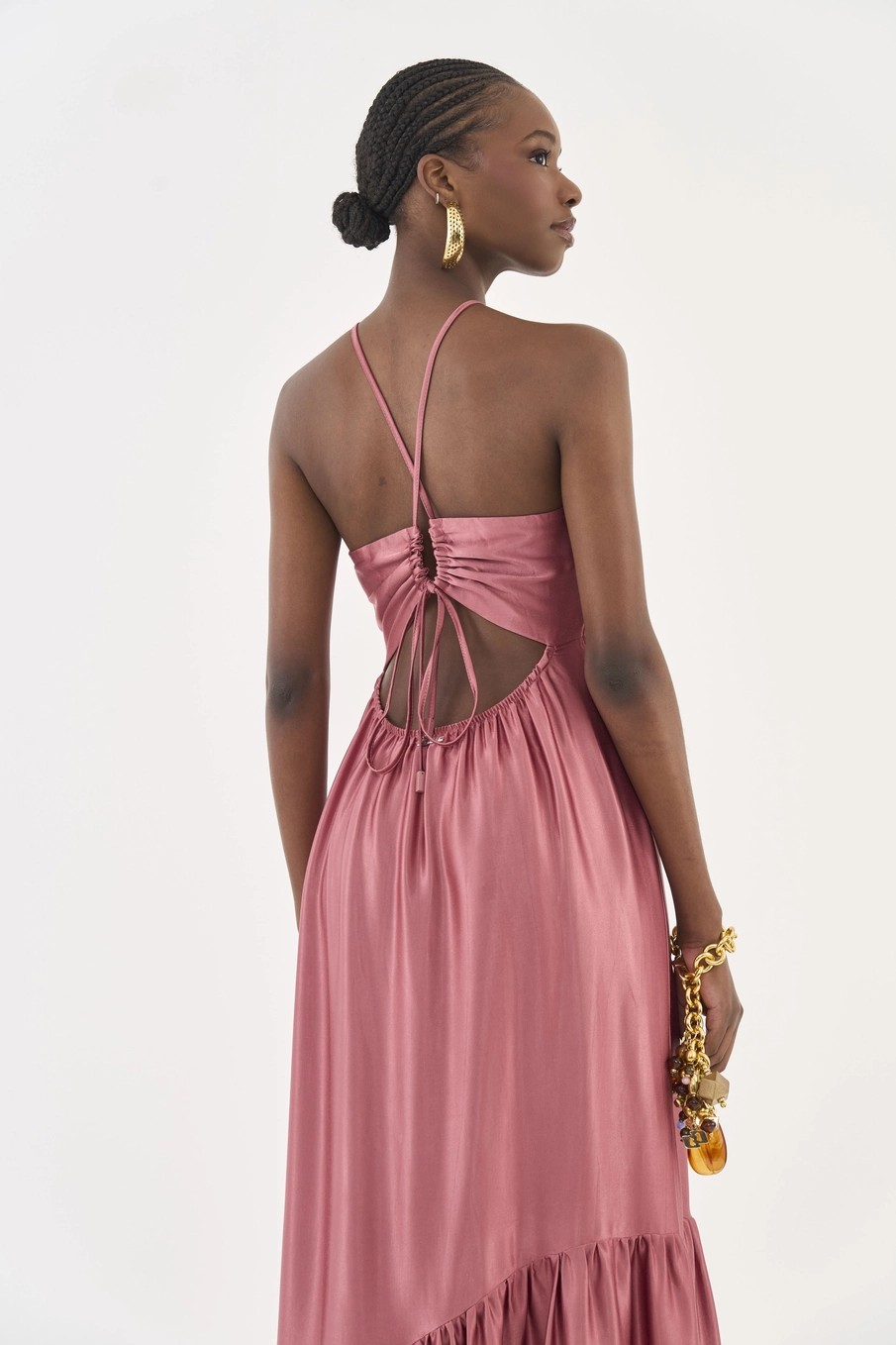 Vestido Midi Acetinado Evasê Rosa