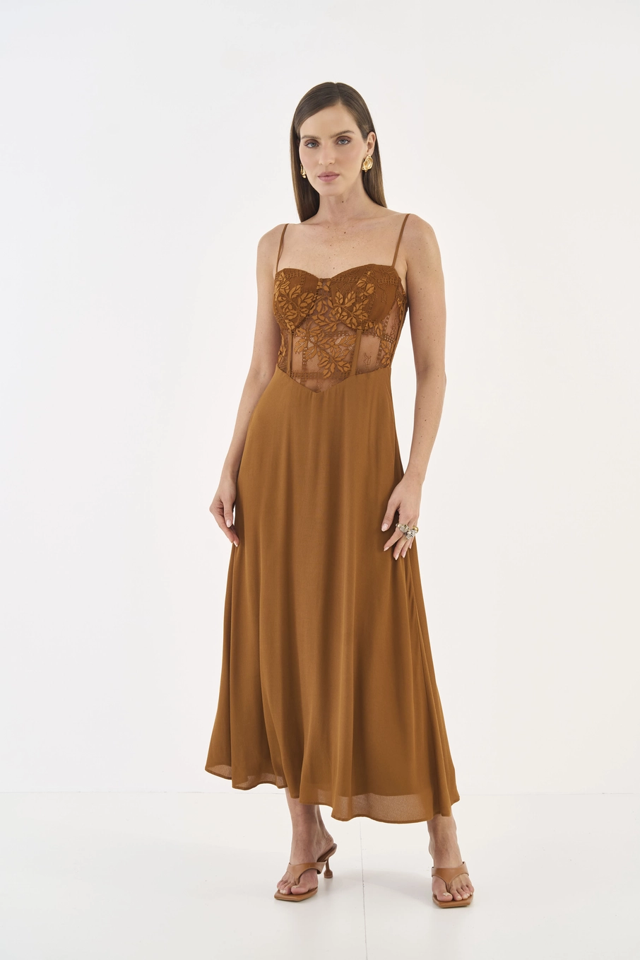 Vestido Midi Corset Com Renda Marrom