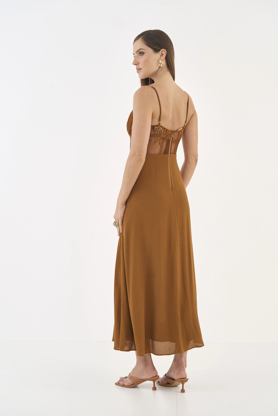 Vestido Midi Corset Com Renda Marrom
