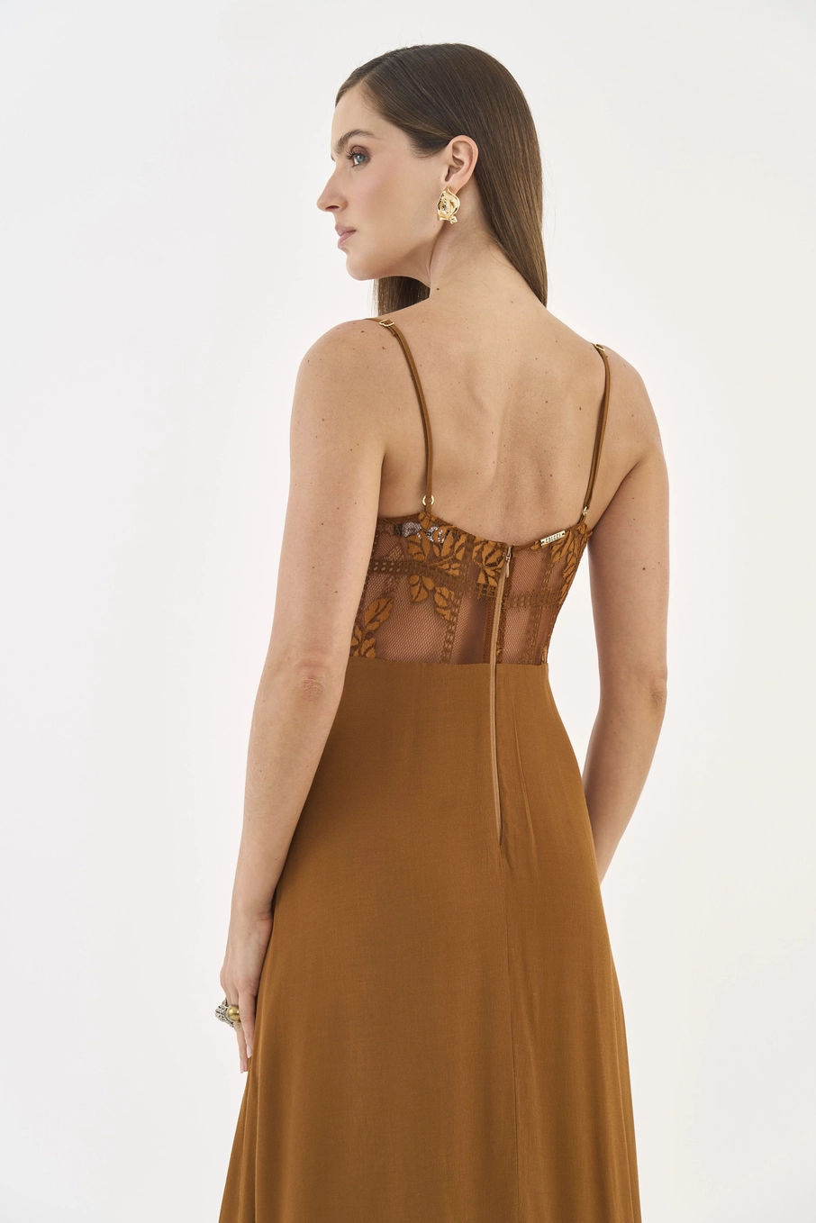 Vestido Midi Corset Com Renda Marrom