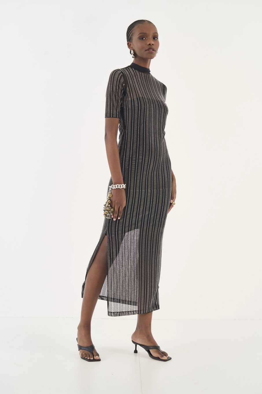 Vestido Midi Em Tule Com Aplicação Preto