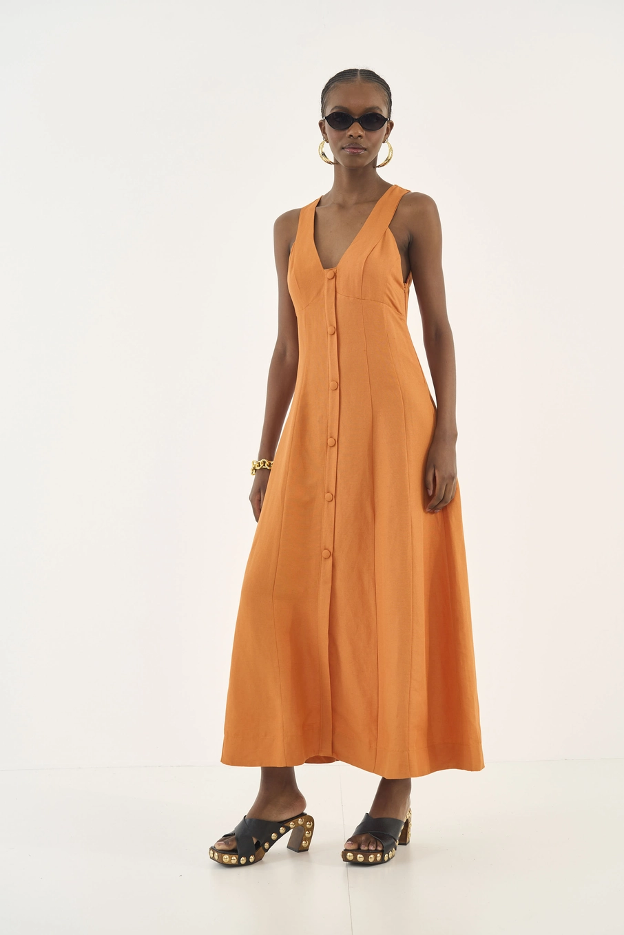 Vestido Midi Alfaiataria Com Linho Laranja