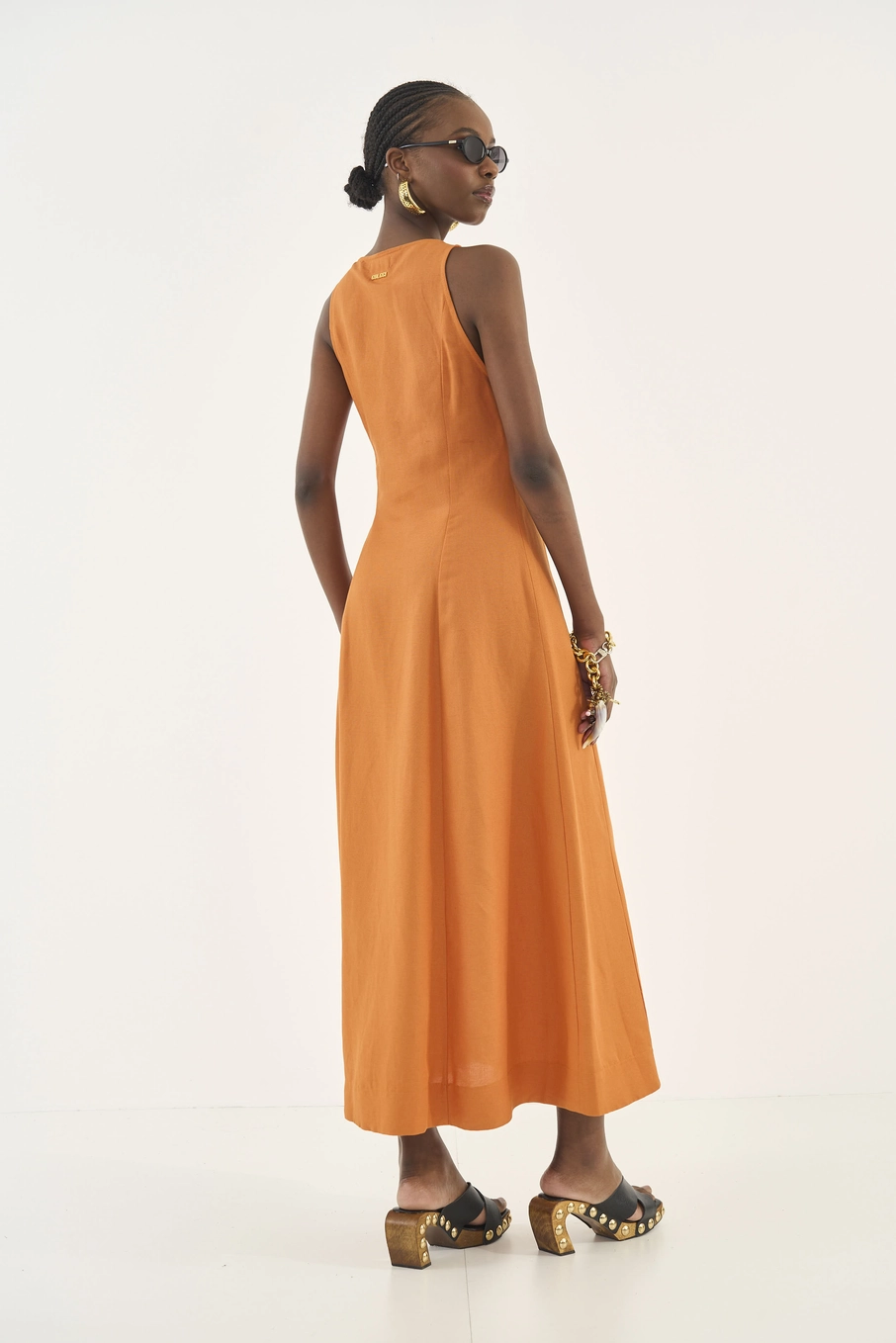 Vestido Midi Alfaiataria Com Linho Laranja