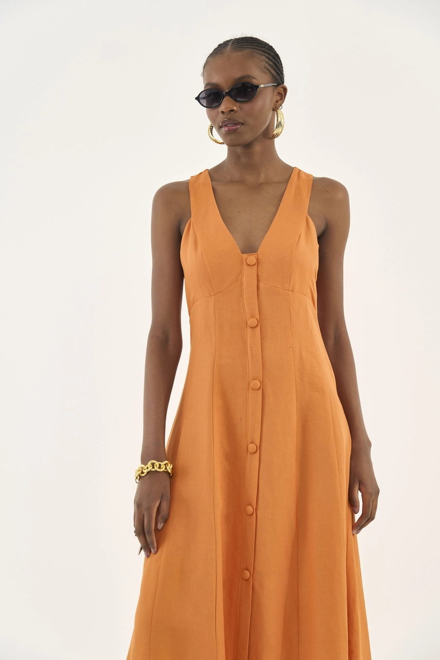 Vestido Midi Alfaiataria Com Linho Laranja