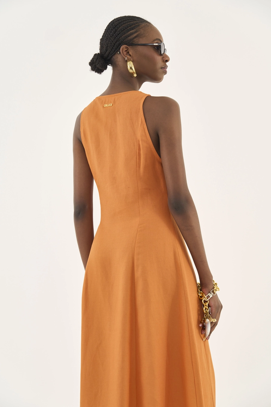 Vestido Midi Alfaiataria Com Linho Laranja