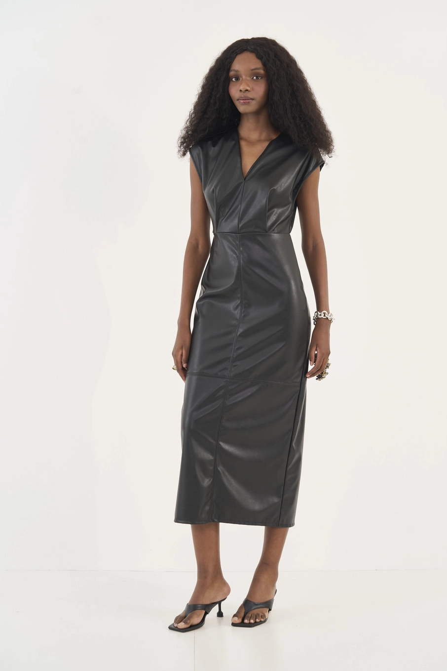 Vestido Midi Slim Em Pu Preto