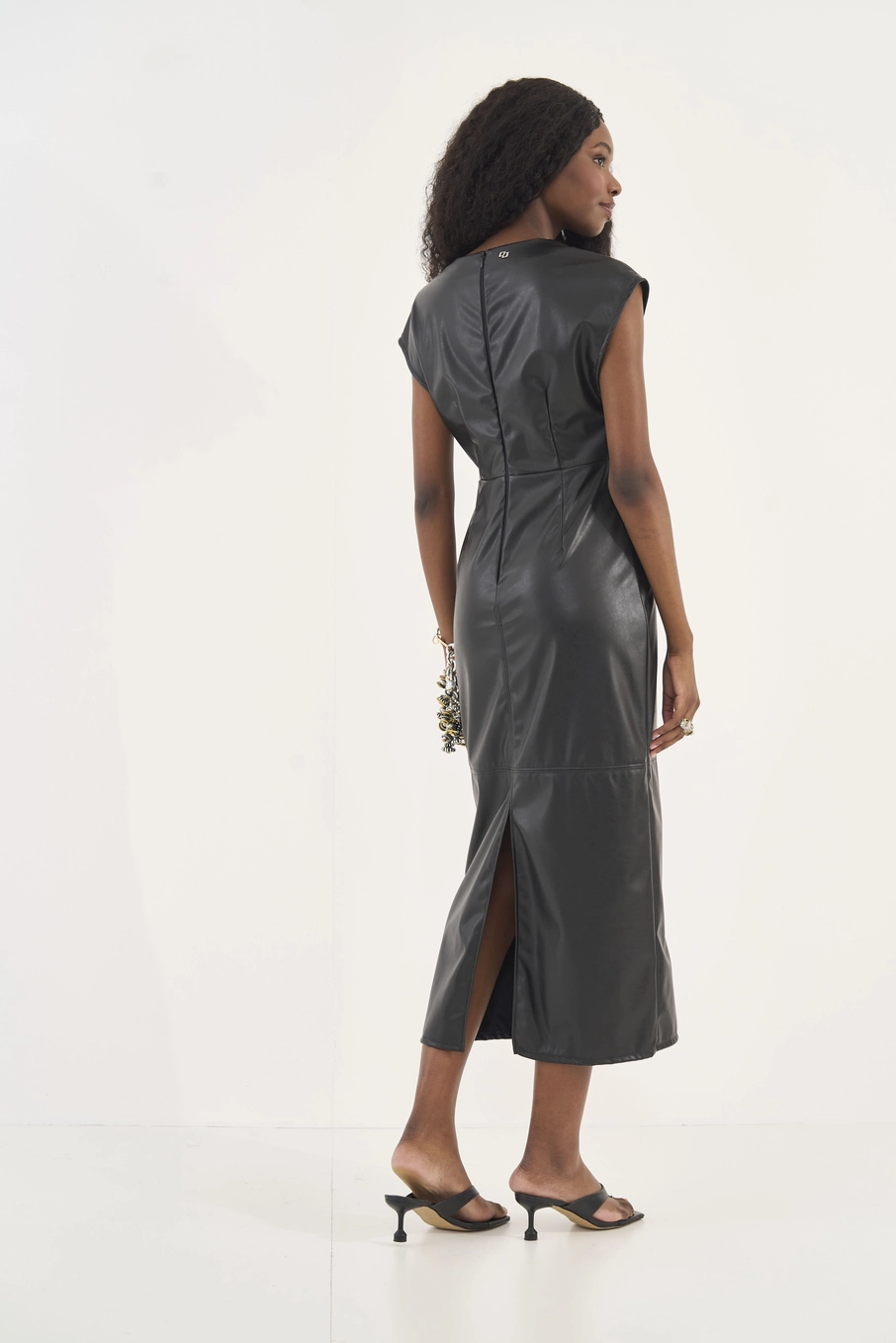 Vestido Midi Slim Em Pu Preto