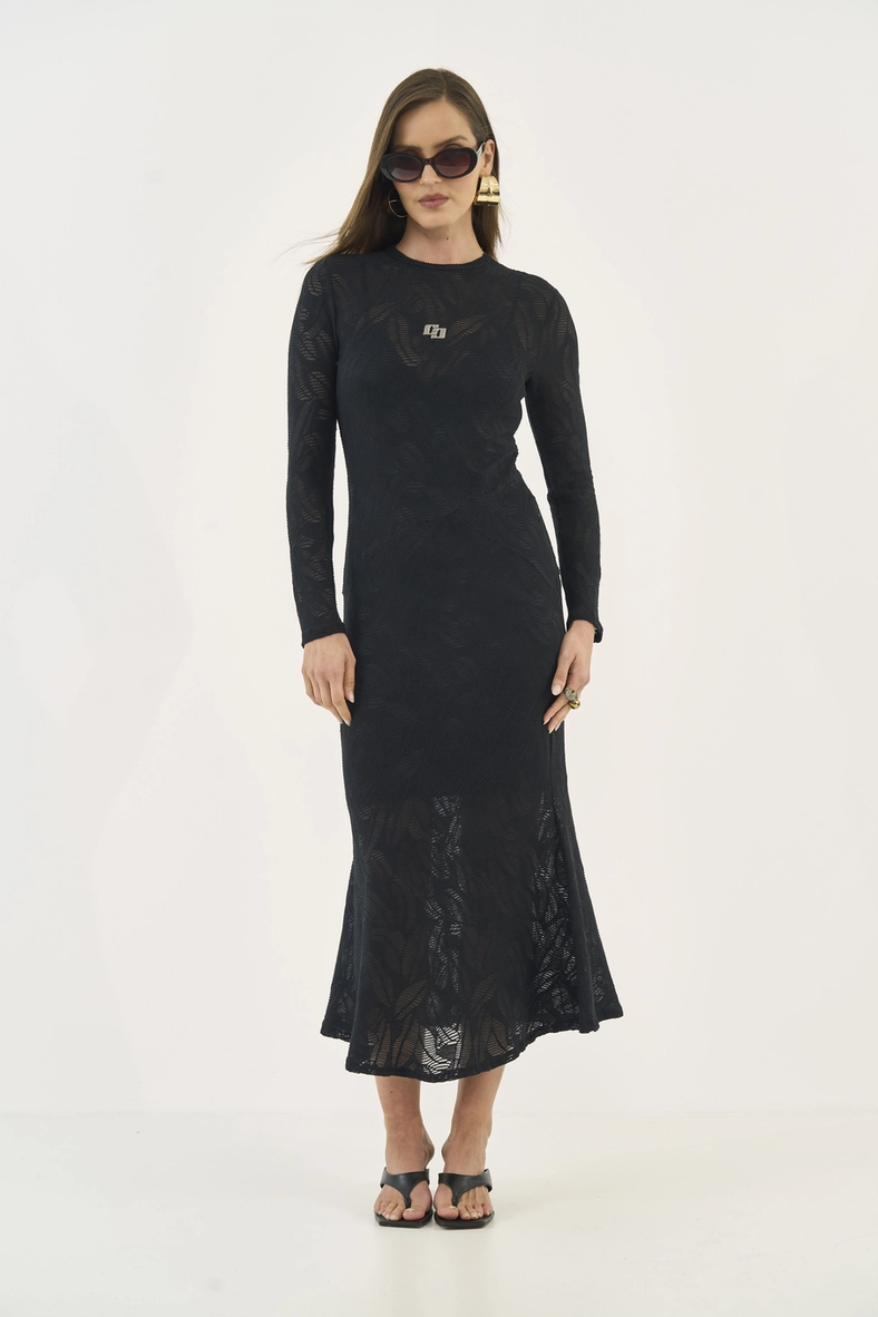 Vestido Midi Manga Longa Em Renda
