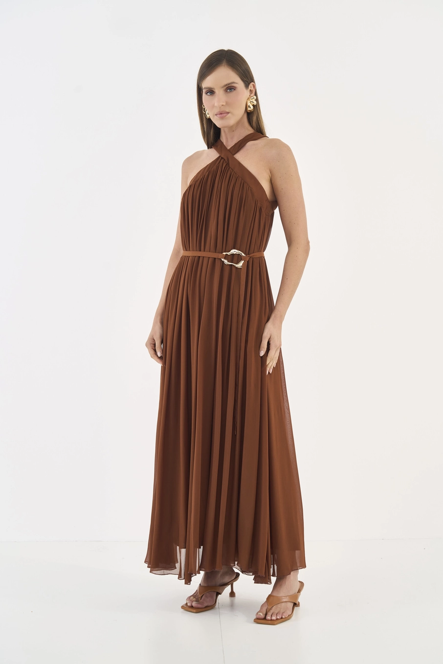 Vestido Longo Fluido Com Cinto Marrom