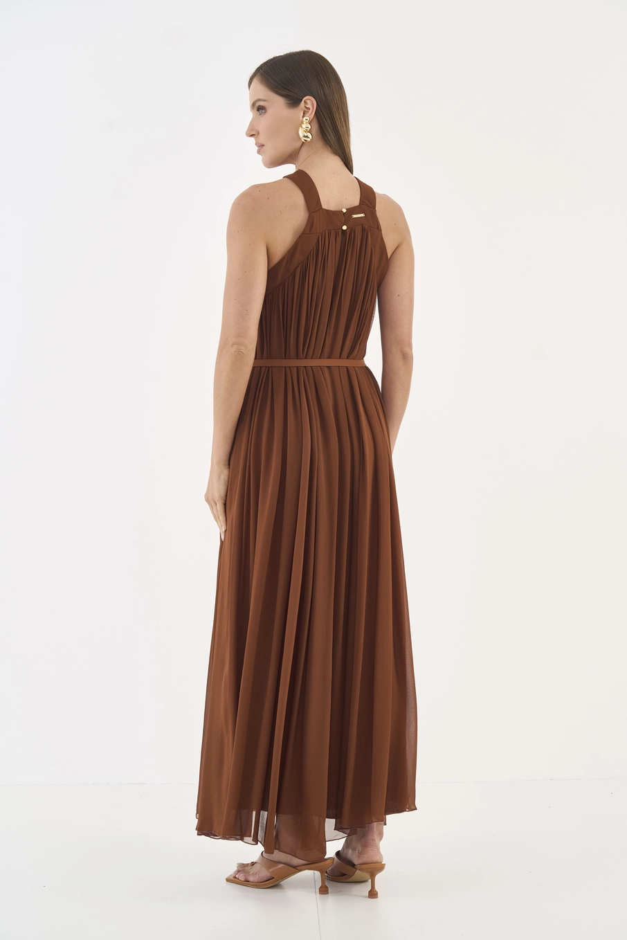Vestido Longo Fluido Com Cinto Marrom