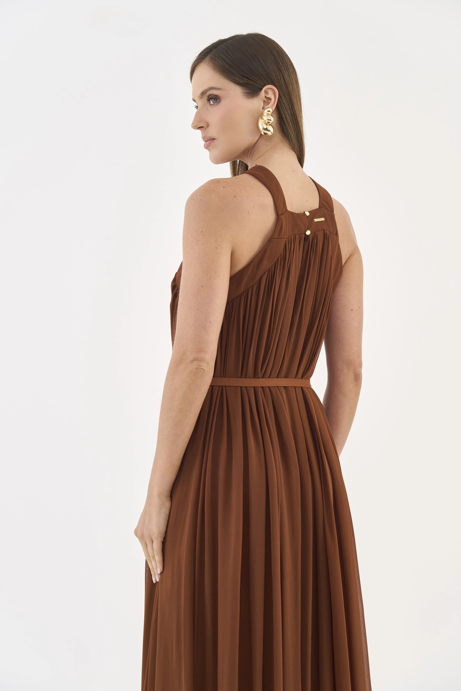 Vestido Longo Fluido Com Cinto Marrom