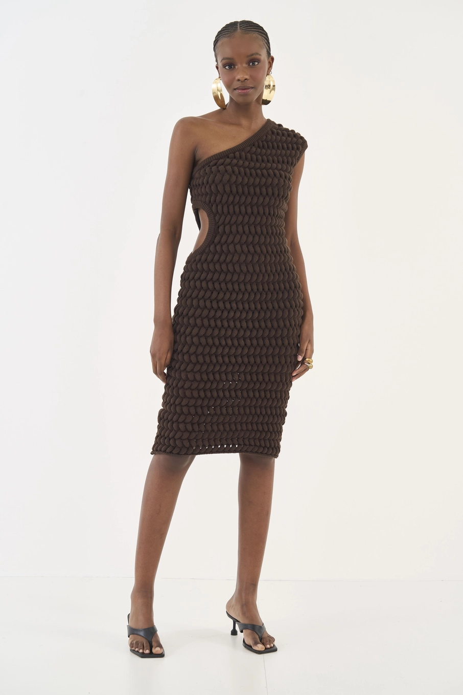 Vestido Slim Cut Out Em Tricô Marrom