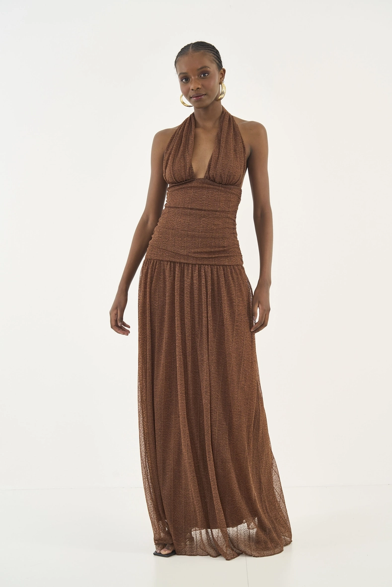 Vestido Longo Acinturado Com Transparência