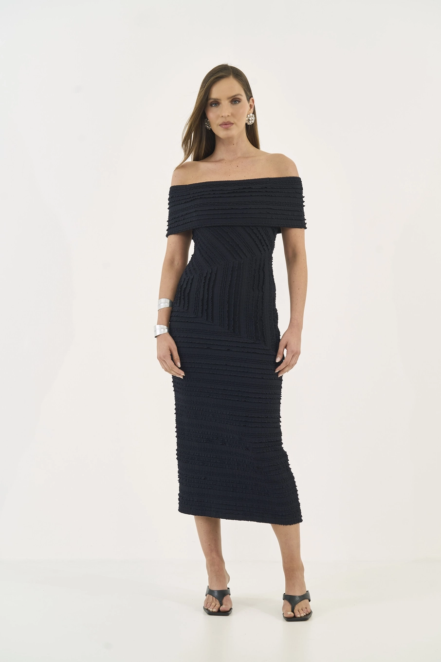 Vestido Ombro A Ombro Texturizado Preto