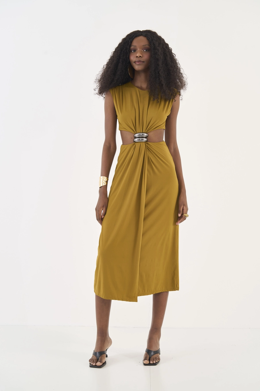 Vestido Midi Cut Out Com Detalhe Em Metal Marrom