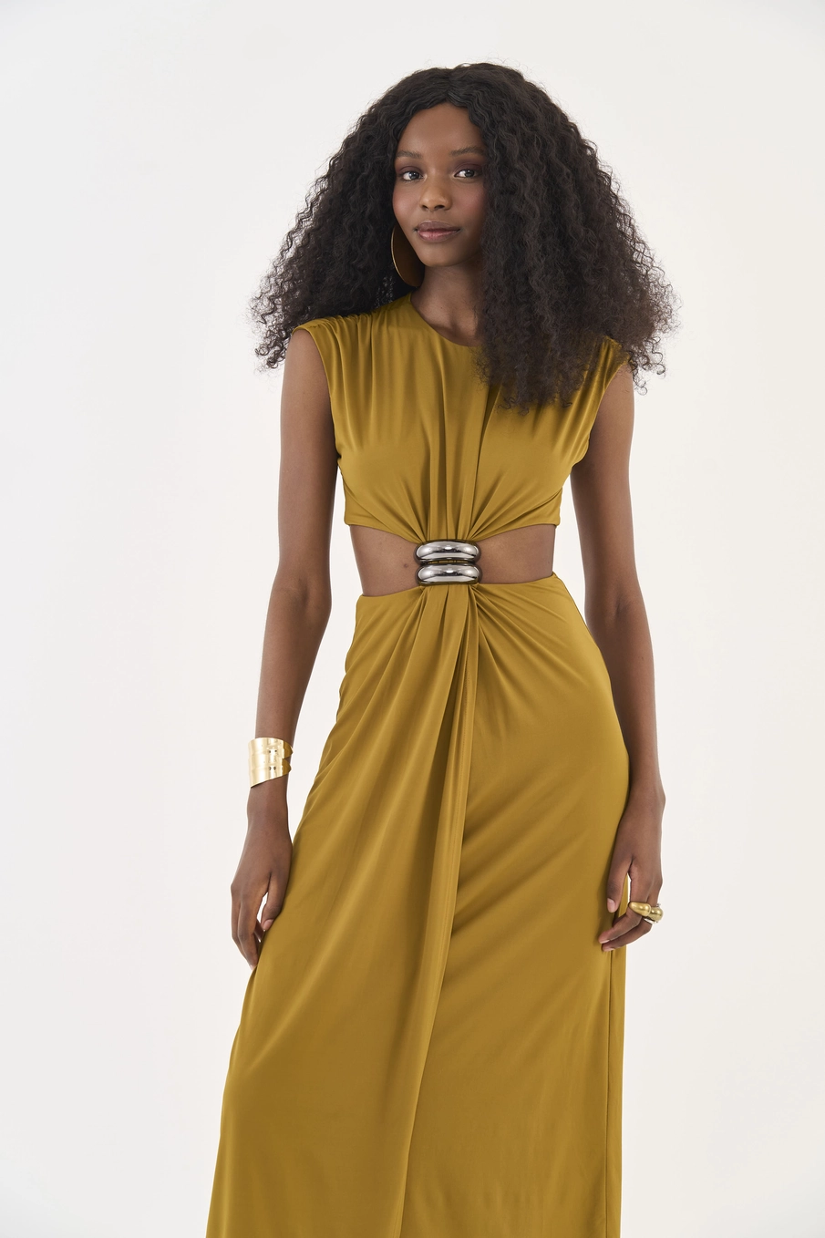 Vestido Midi Cut Out Com Detalhe Em Metal Marrom
