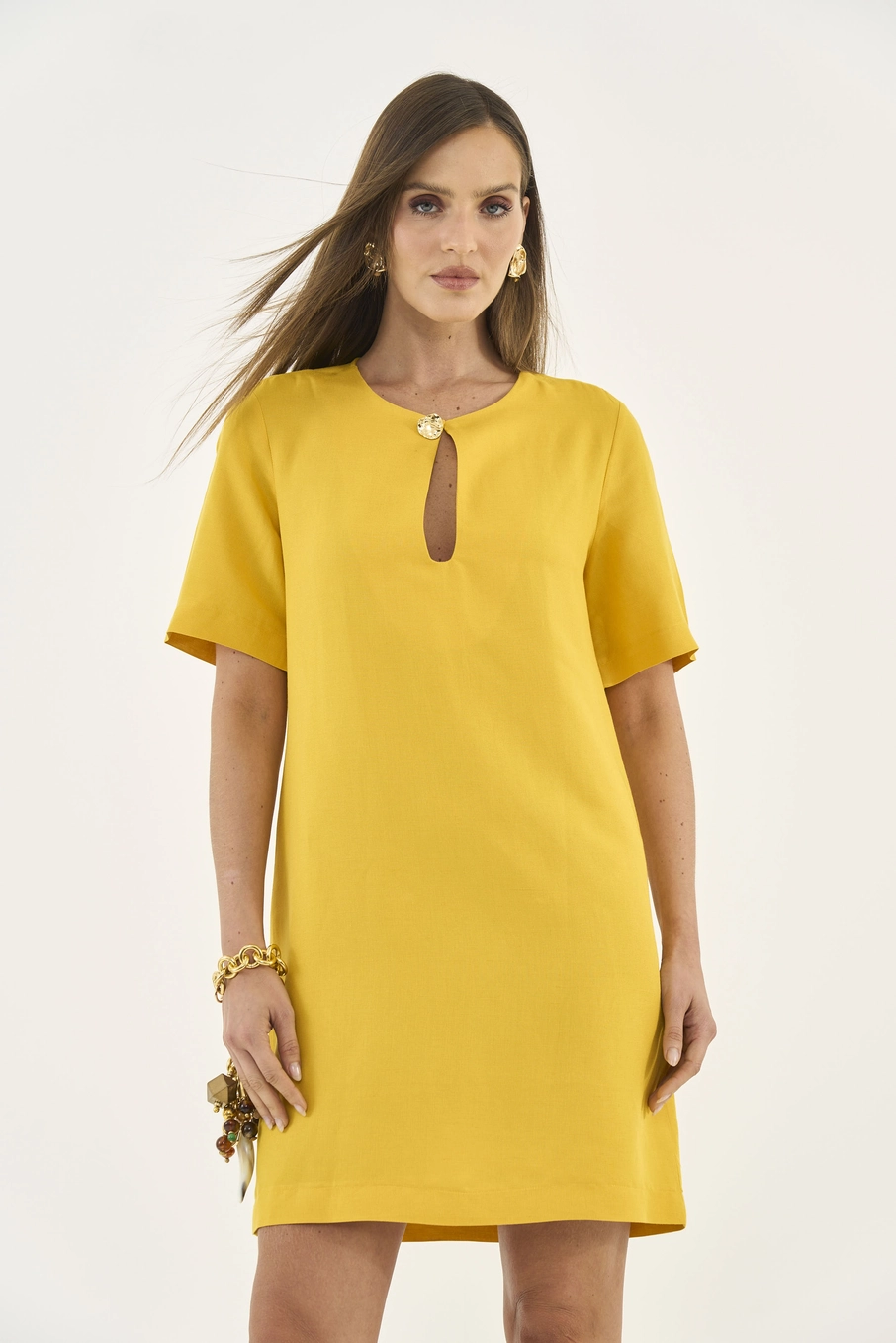 Vestido Comfort Amplo Com Linho Amarelo