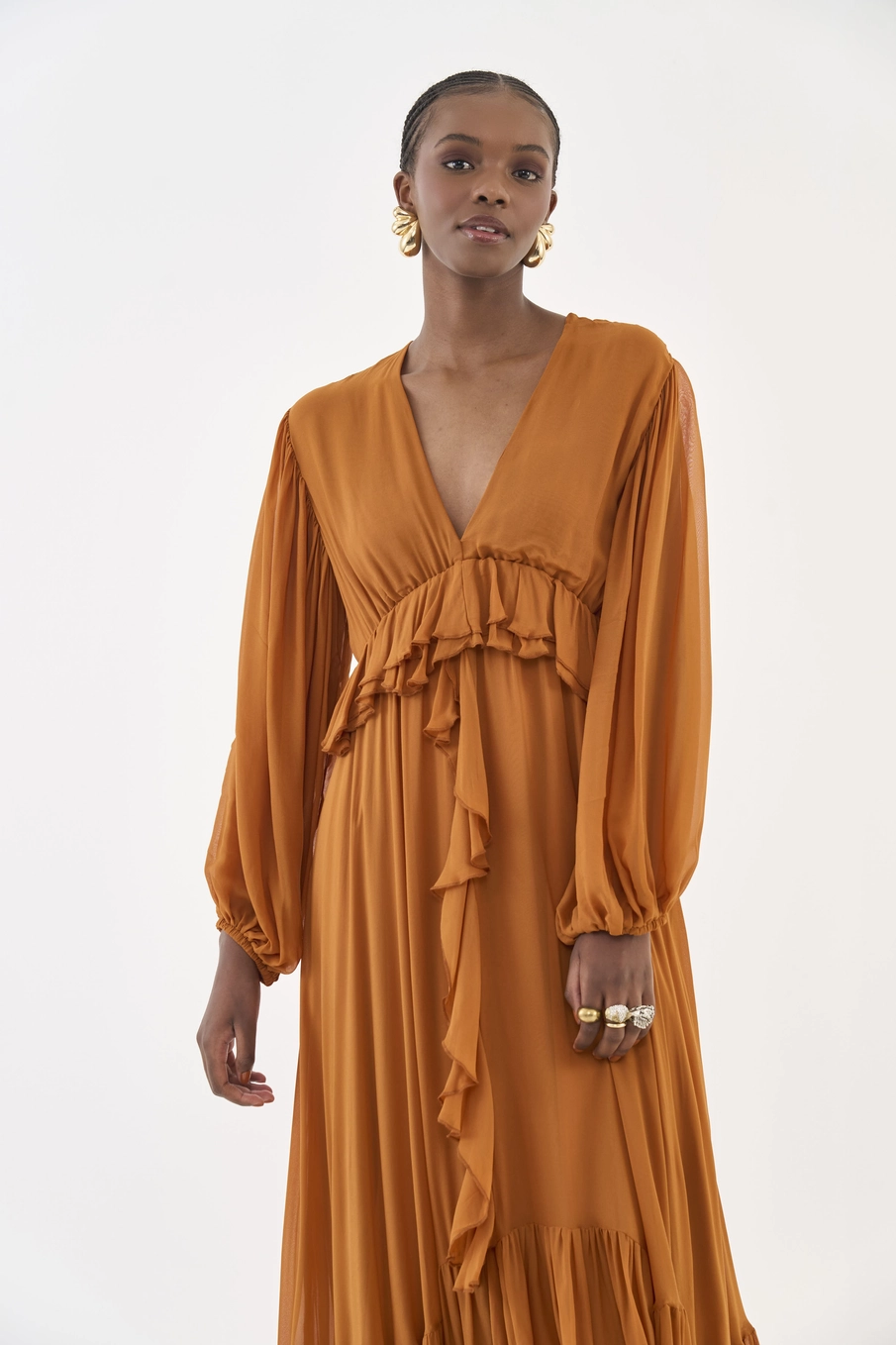 Vestido Longo Comfort Com Babados Marrom