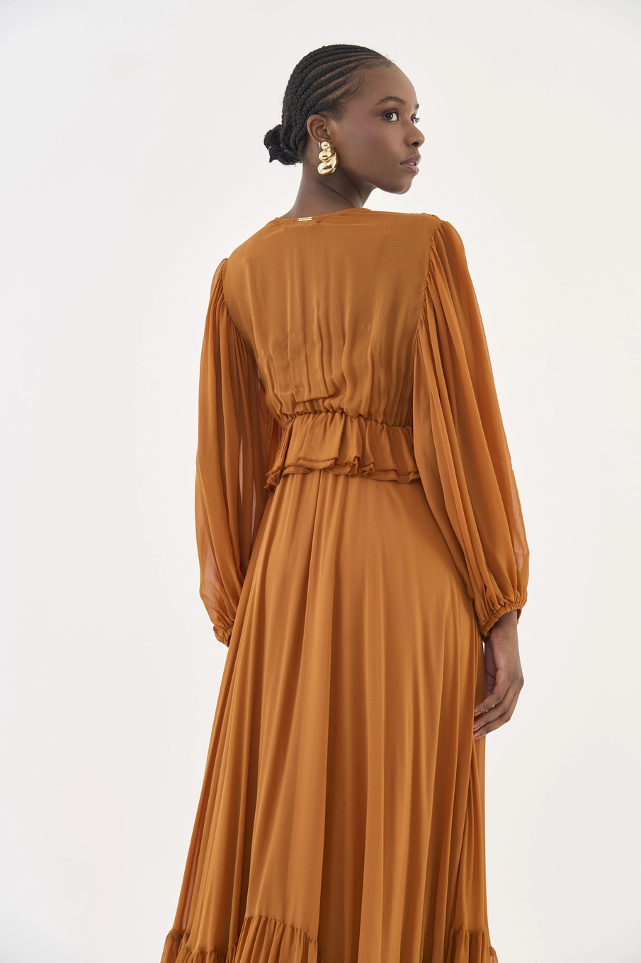 Vestido Longo Comfort Com Babados Marrom