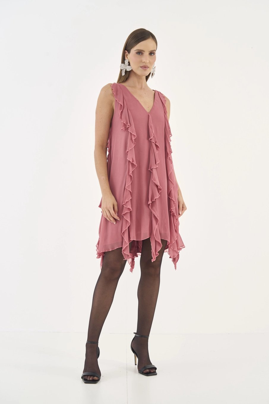 Vestido Fluido Com Babados Rosa