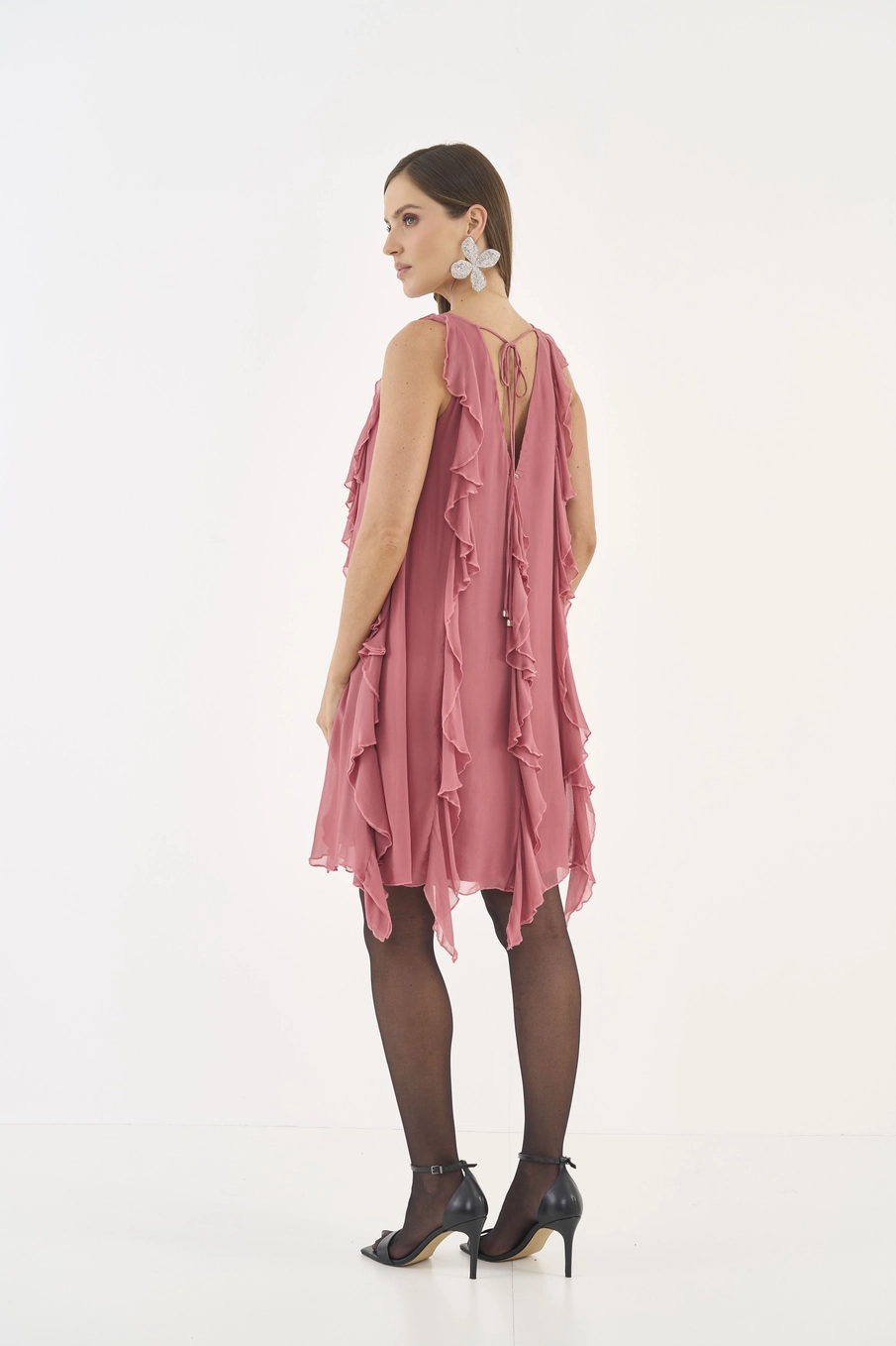 Vestido Fluido Com Babados Rosa