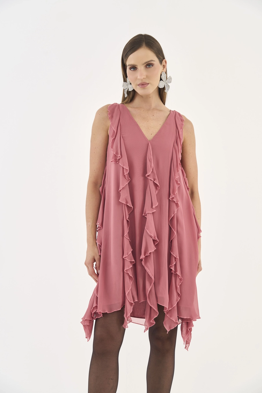 Vestido Fluido Com Babados Rosa