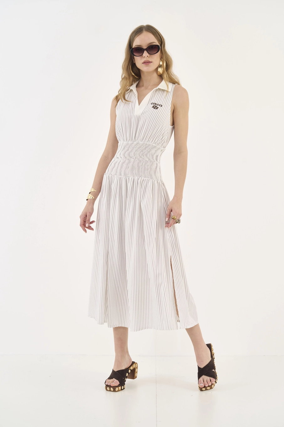 Vestido Midi Listrado Com Lastex Estampados