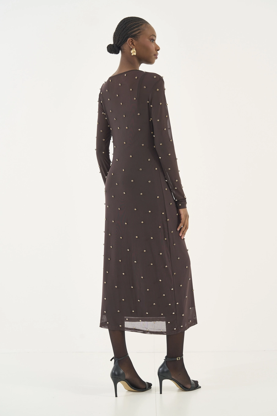 Vestido Midi Tule Com Aplicação Marrom