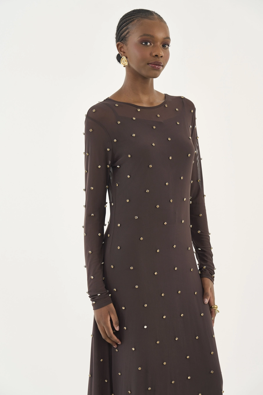 Vestido Midi Tule Com Aplicação Marrom