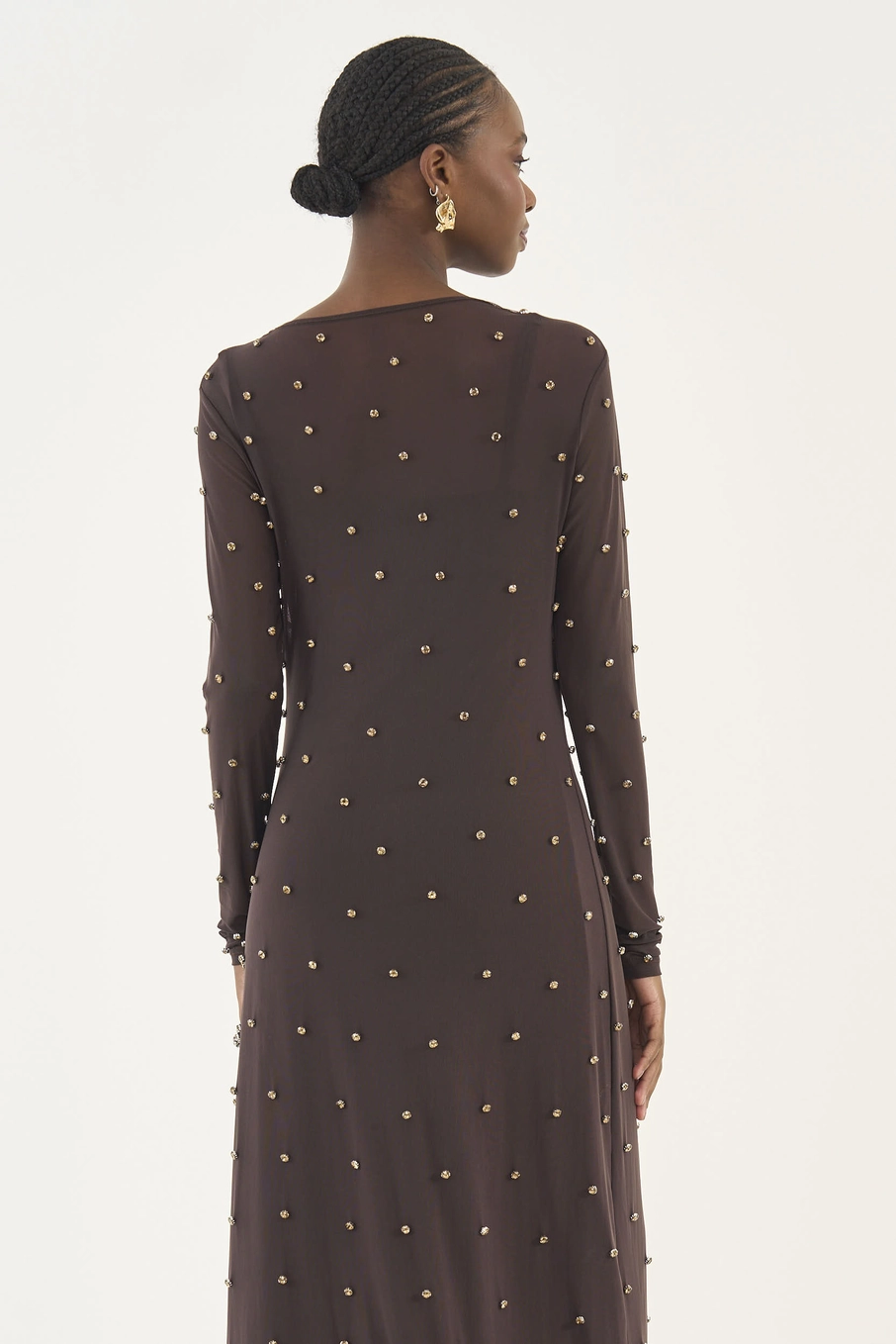 Vestido Midi Tule Com Aplicação Marrom