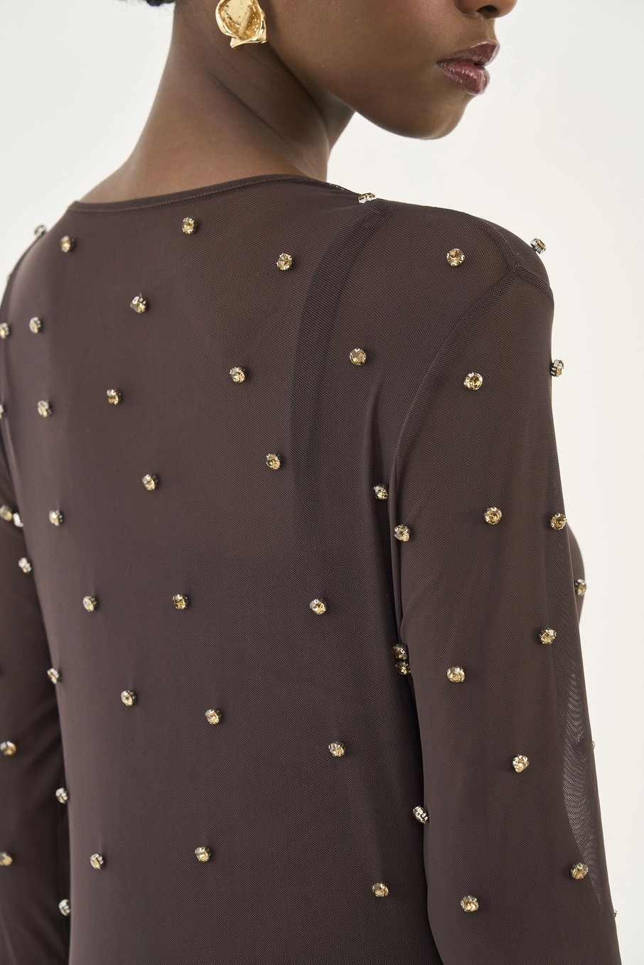 Vestido Midi Tule Com Aplicação Marrom