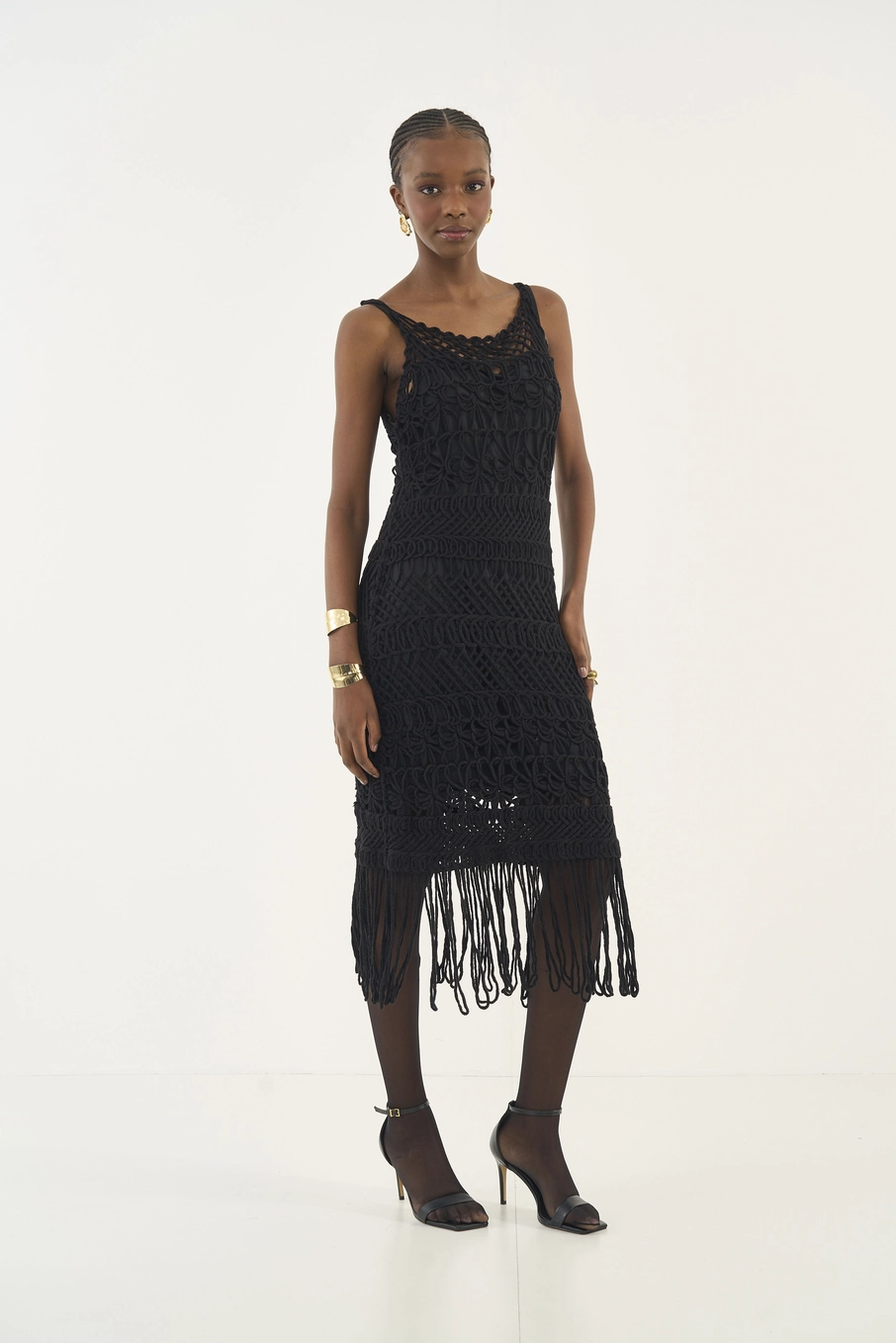 Vestido Trico Com Franjas Preto